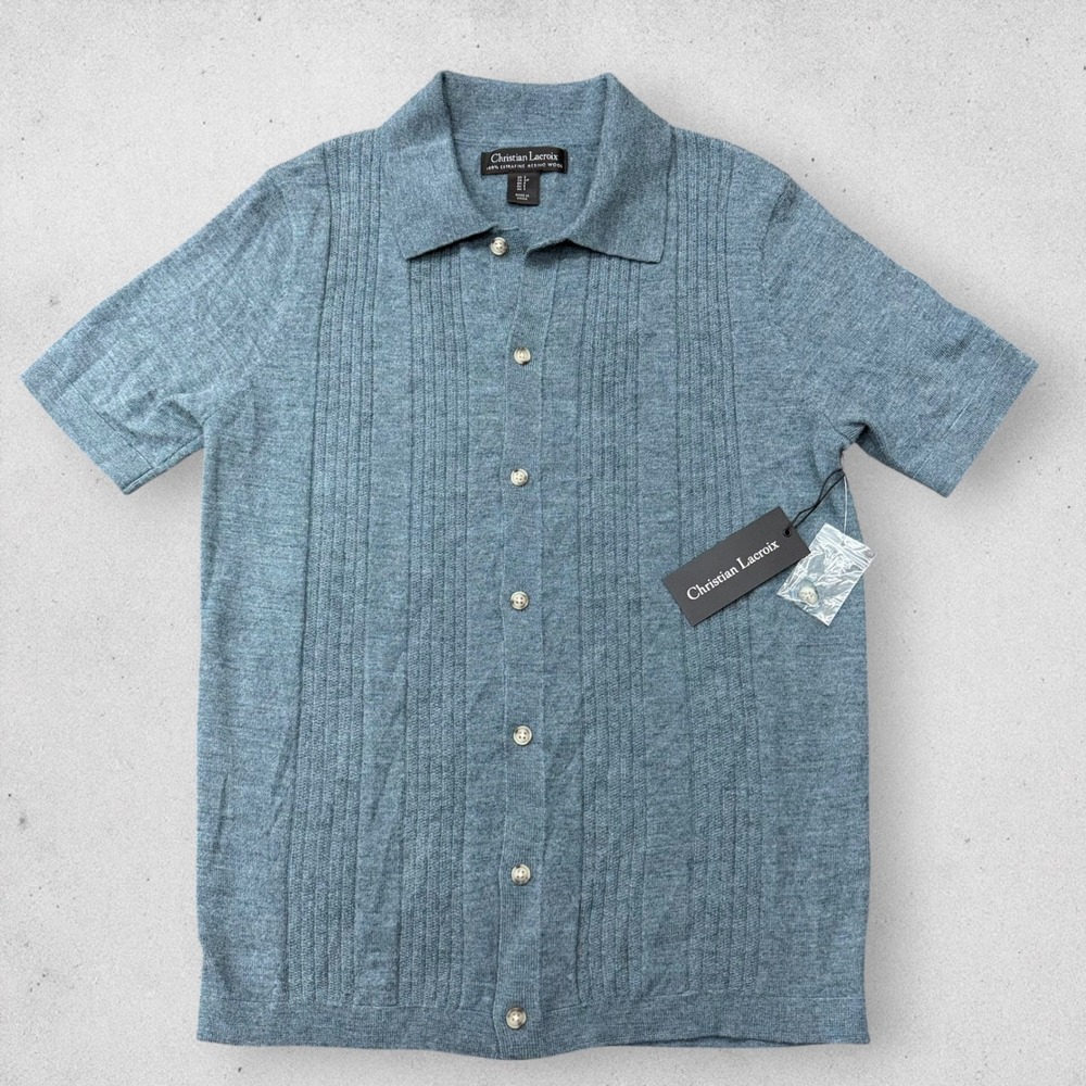 Christian Lacroix Mens S Blue Extrafine Merino Wool Button Front Knit Polo Shirt